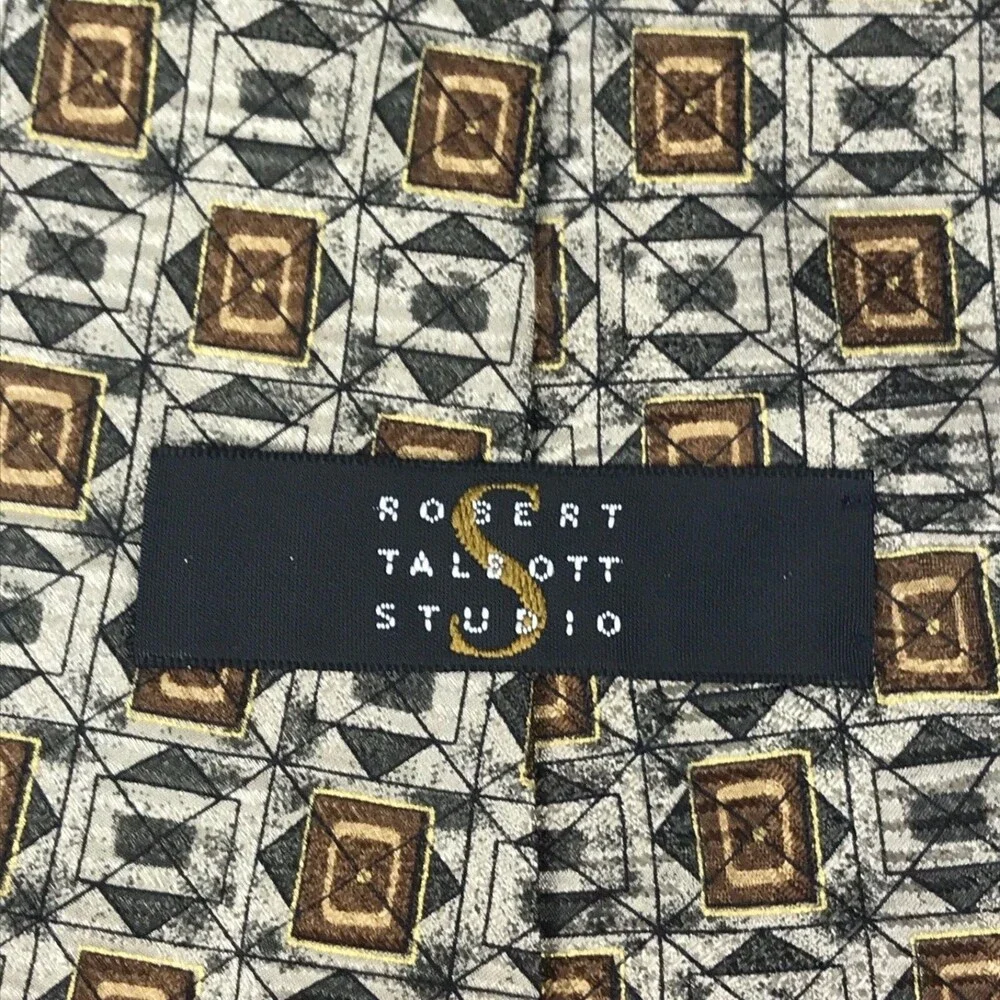 Robert Talbott Studio Men's Silk Hand-sewn Geometric Necktie Gray Tan Tie 57